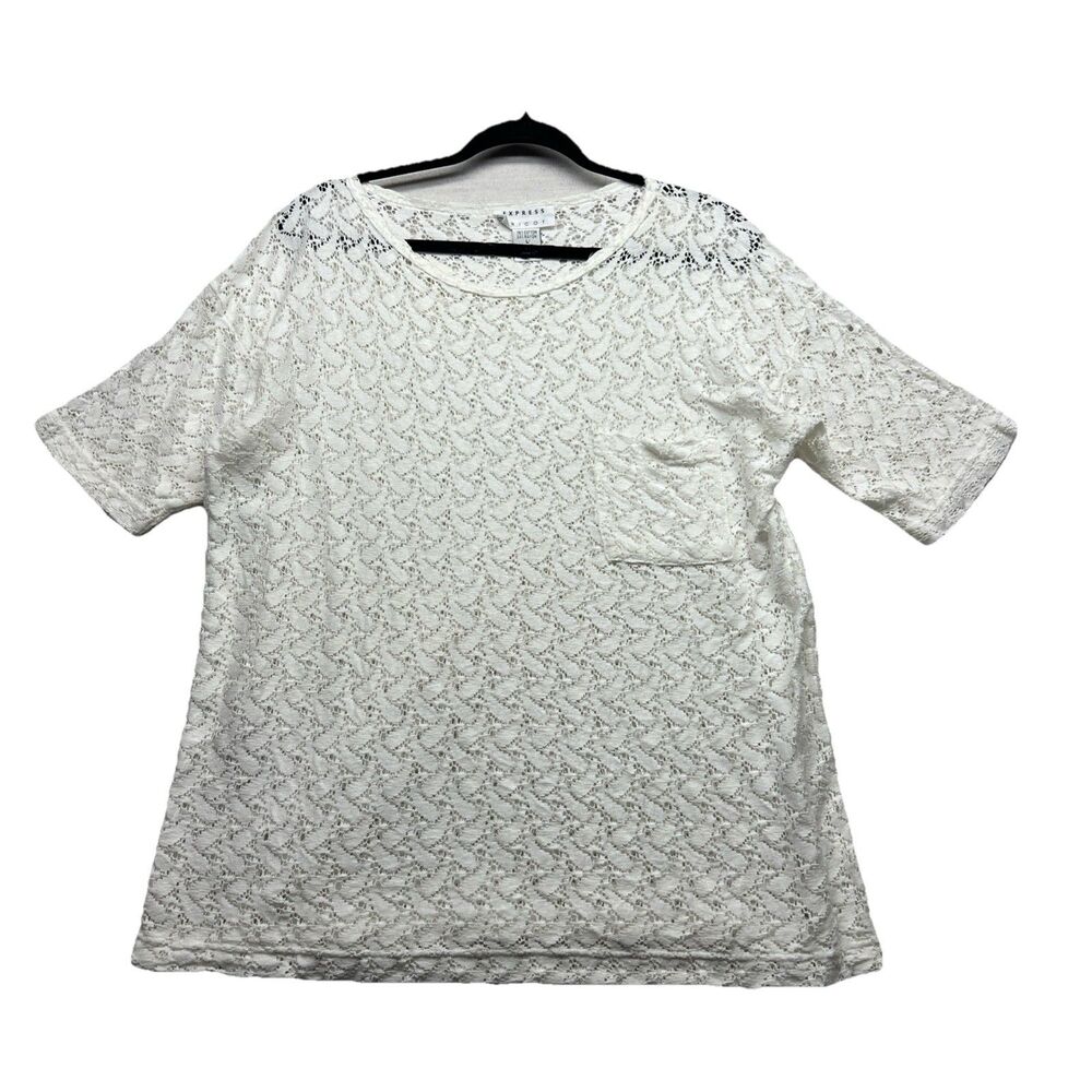 Vintage Express Tricot Blouse L Large White Sheer Lace Swim Short Sleeve Top